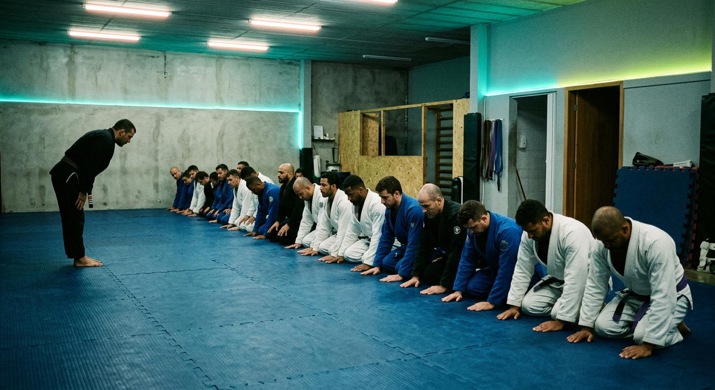 A team of grapplers lined up on the mat before class